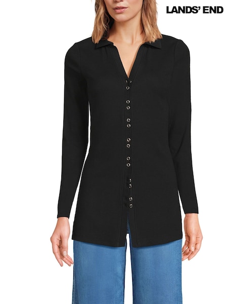 Lands' End Black Ribbed Long Sleeve Polo Shirt (H49222) | €63