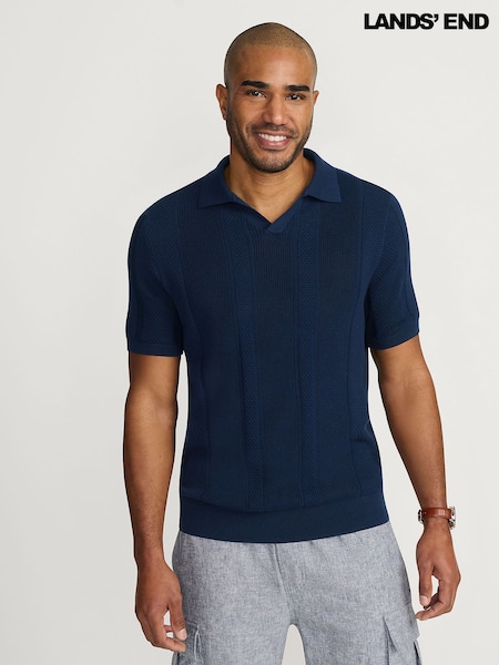 Lands' End Blue 100% Cotton Johnny Collar Polo Shirt (H49238) | €58