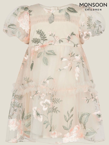 Monsoon White Baby Azalea Puff Sleeve Embroidered Dress (H49281) | €78 - €85