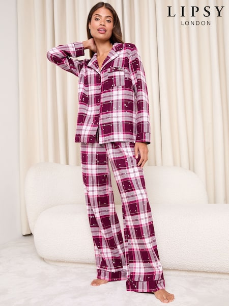 Lipsy Burgundy Red Woven Long Sleeve Pyjamas Set (H49331) | OMR25