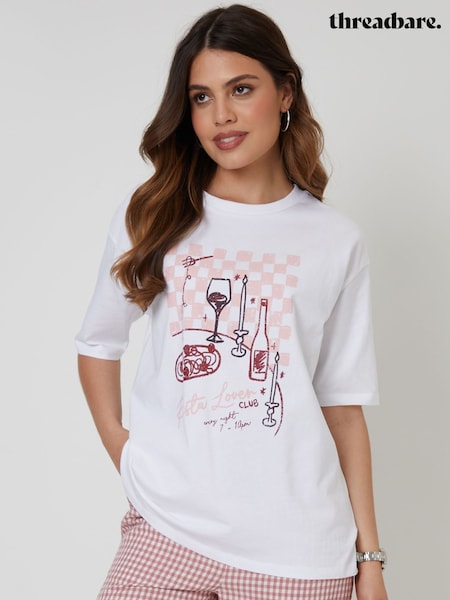 Threadbare White Boyfriend Fit 'Pasta Lover' Graphic Print 100% Cotton T-Shirt (H49405) | €28
