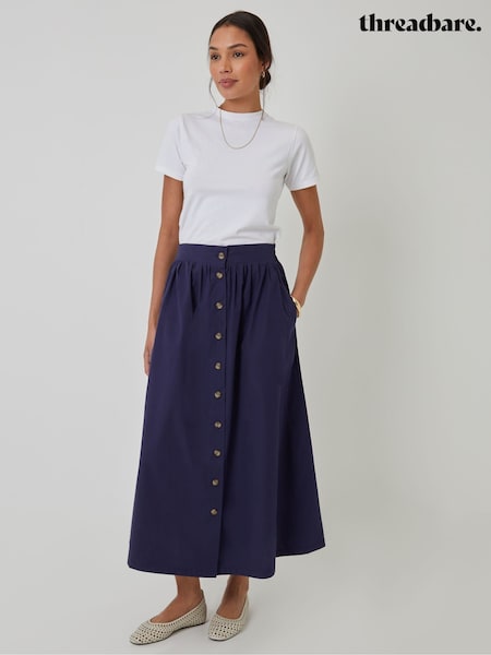כחול  - Threadbare Button Detail Maxi 100% Cotton Skirt with Pockets (H49406) | ‏196‏₪