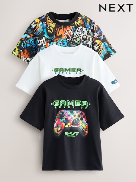 أسود - Relaxed Fit Graphic Print Short Sleeve T-Shirts 3 Pack (3-16yrs) (H49414) | ‏125 ر.ق. - ‏156 ر.ق.