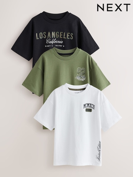 Negru/alb/kaki - Relaxed Fit Graphic Print Short Sleeve T-Shirts 3 Pack (3-16yrs) (H49415) | 149 LEI - 194 LEI