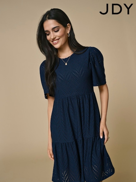 JDY Blue Short Sleeve Pointelle Tiered Jersey Dress (H49547) | ₪161