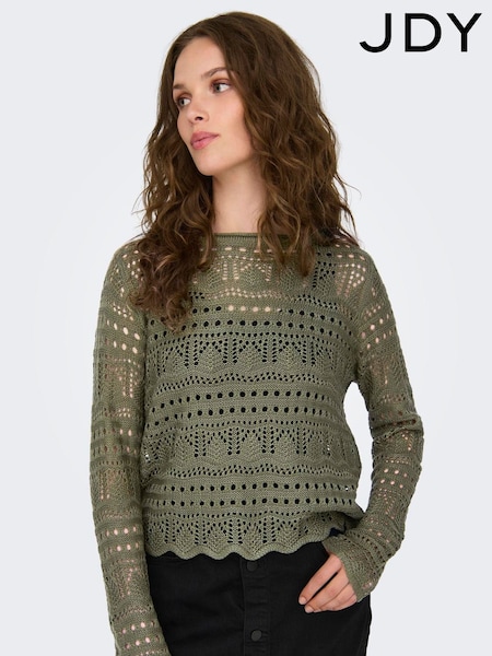 JDY Green Long Sleeve Knitted Crochet Boatneck Pullover Jumper (H49550) | ₪126