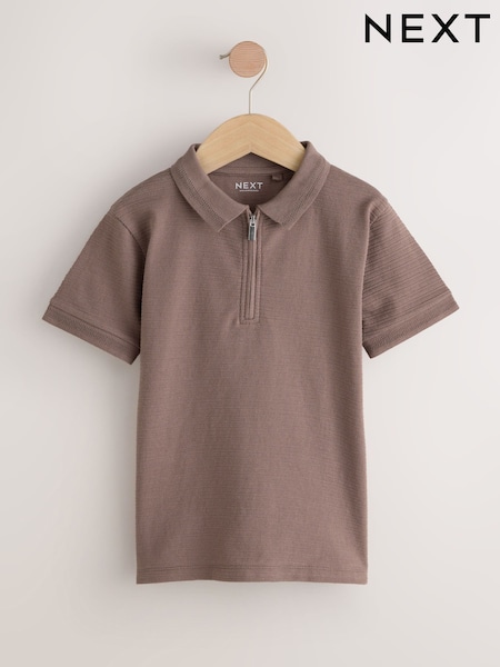 Mink Brown Textured Short Sleeve Zip Neck Polo Shirt (3-16yrs) (H49563) | €17 - €25