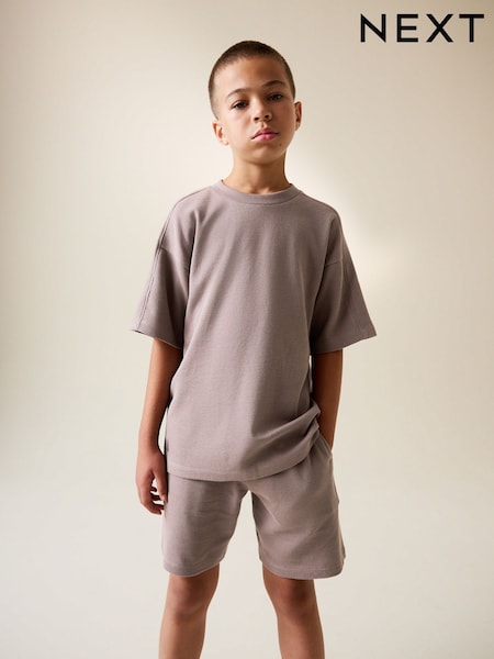 Mink Brown Textured Short Sleeve T-Shirt and Shorts Set (3-16yrs) (H49766) | €16.50 - €26