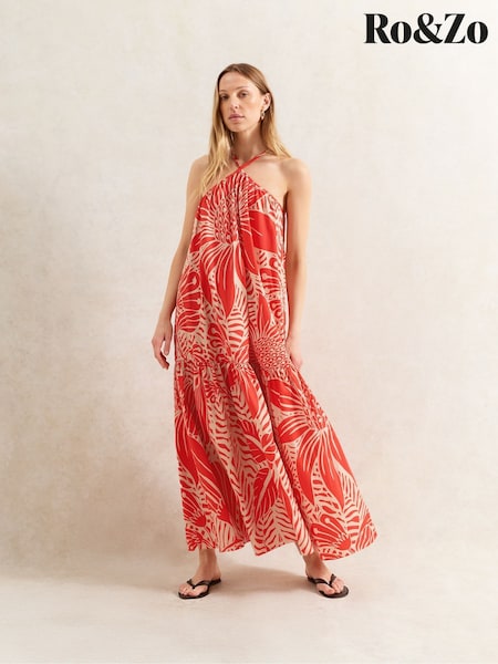 Ro&Zo Red Floral Print Halter Neck 100% Cotton Dress (H49865) | €152