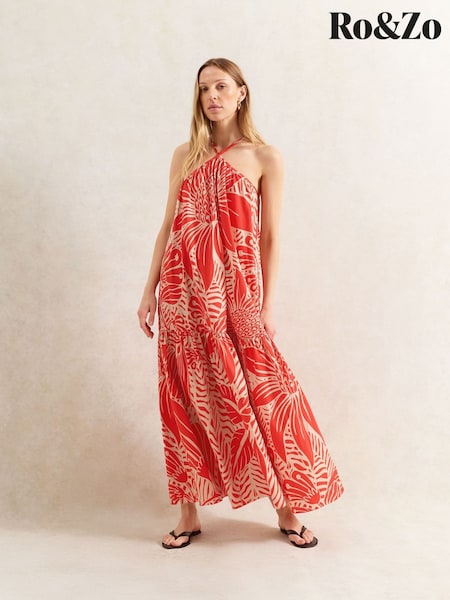 Ro&Zo Red Petite Floral Print Halter Neck 100% Cotton Dress (H49879) | €168