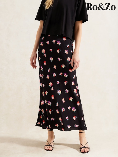 Ro&Zo Pansy Print Bias Cut Skirt (H49881) | ‏347‏₪