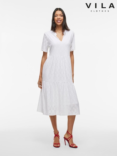VILA White Embriodery V-Neck Tiered Midi Dress (H49964) | AED280