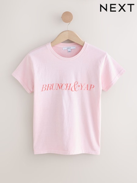 Pink Slimmer Fit Fun Slogan Graphic Print Short Sleeve Crew Neck T-Shirt (H50067) | AED92