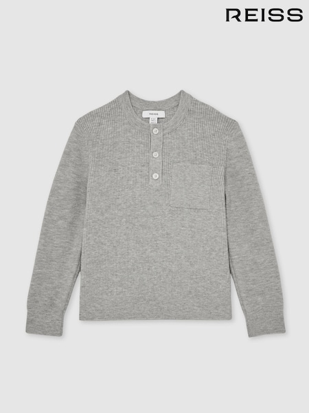 Reiss Mid Grey Melange Harrison Cotton Blend Rib-Knit Henley Top (H50337) | €65