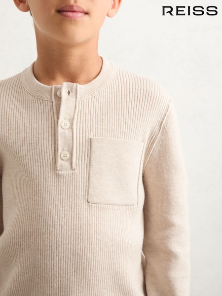 Reiss Oatmeal Melange Harrison Cotton Blend Rib Knit Henley Top (H50338) | €64