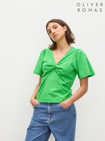 Oliver Bonas Green Twist Front V-Neck Short Sleeve 100% Cotton Top (H50502) | AZN 88
