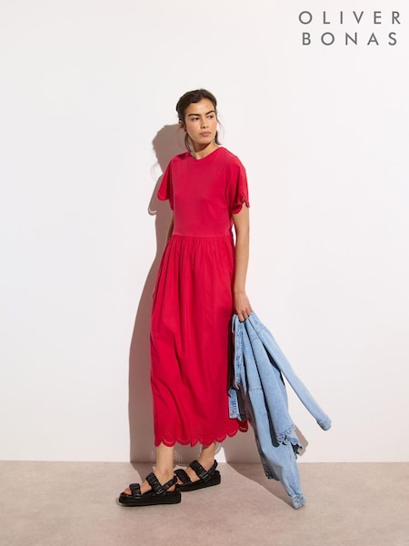 Oliver Bonas Scalloped Broderie Midi 100% Cotton T-Shirt Dress (H50503) | 581 LEI