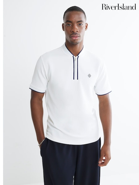 River Island White Slim Fit Tipped Zip T-Shirt (H50509) | AED186