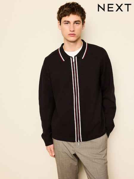 بني - Regular Fit Premium Mid Weight Tipped Zip Through Cardigan (H50664) | ‏238 ر.ق.