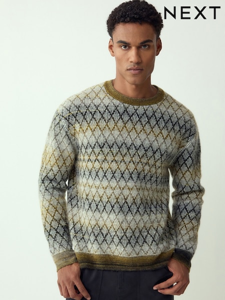 Khaki Green Relaxed Fit Ombre Diamond Pattern Texture Crew Neck Jumper with Wool (H50673) | € 60
