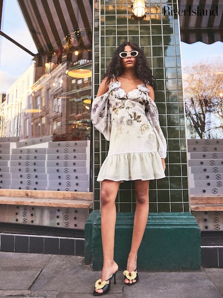 River Island Yellow Mini Long Sleeve 3D Floral Print 100% Cotton Dress (H51014) | €126