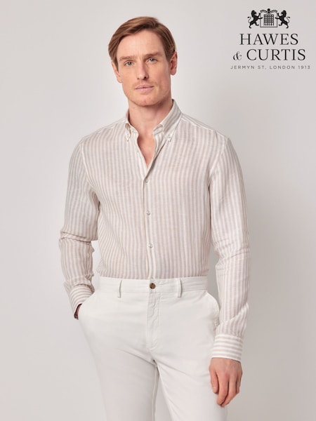Hawes & Curtis Slim Stripe 100% Linen White Shirt (H51024) | AED437
