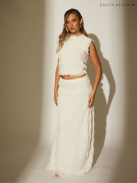 South Beach White Ruched Tiered Maxi Beach Skirt (H51045) | €58