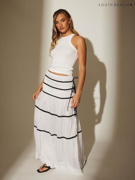 South Beach White 100% Cotton Tiered Contrast Maxi Beach Skirt (H51050) | R$ 545