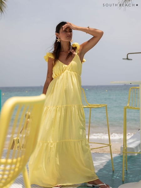 South Beach Yellow 100% Cotton Frill Sleeve Tiered Maxi Dress (H51052) | €62