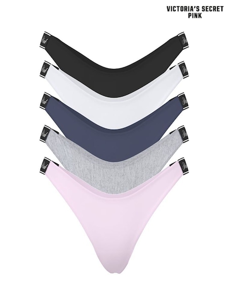 Victoria's Secret PINK BlackGreyWhitePinkBlue Thong 5 Pack Logo Knickers (H51099) | €36