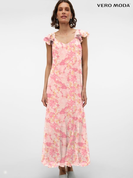 VERO MODA Pink Frill Sleeve Printed Occasion Maxi Dress (H51215) | € 72