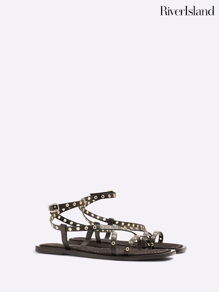 River Island Black Eyelet Strappy Flat Sandals (H51345) | R$ 375