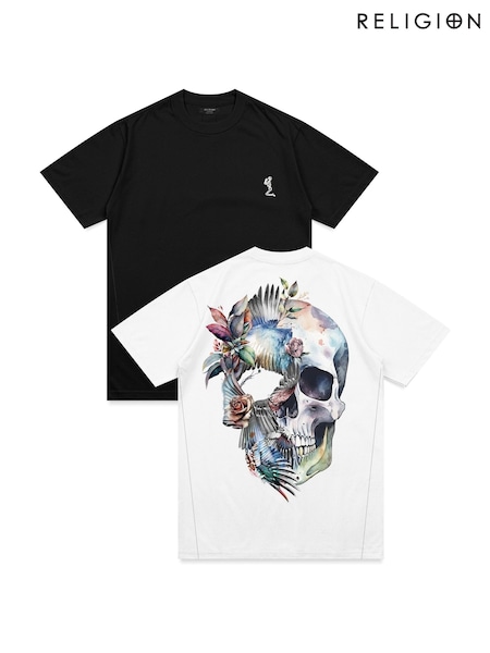Religion White Birds Wing Skull & Classic Core 100% Cotton T-Shirts 2 Pack (H51416) | 272 QAR