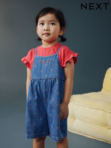 Dark Blue Cherry Printed Denim Playsuit and T-Shirt (3mths-7yrs) (H51505) | AED102 - AED122