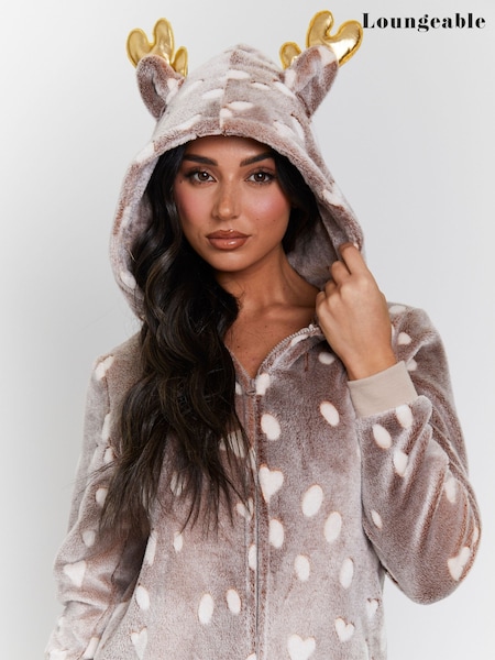 Loungeable Brown Reindeer Luxury Flannel Fleece All-In-One (H51527) | €43