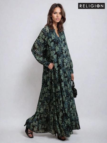 Religion Sunset Maxi Floral Print Dress With Tiered Skirt (H51905) | €152