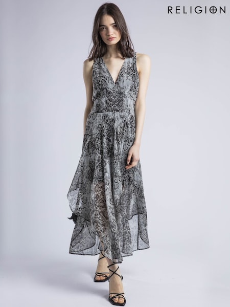 Religion Aida Midi Dress In Snake Skin Print With Handkerchief Hem (H51906) | €146