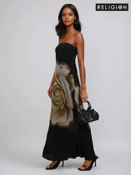 Religion Black Coco Maxi Bandeau Dress With Large Floral Print (H51907) | 619 QAR