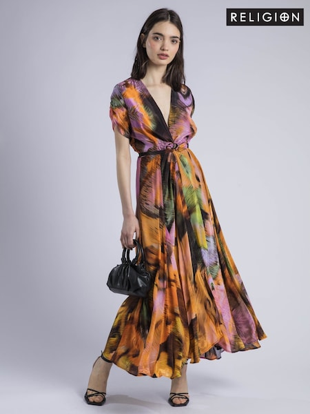 Religion Orange Crest Maxi Wrap Dress In Silky Fabric In Obscure Print (H51911) | 619 QAR