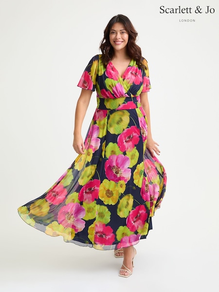 Scarlett & Jo Navy Blue/Pink Isabelle Navy Pink Chartreuse Angel Sleeve Maxi Dress (H51914) | R$ 940