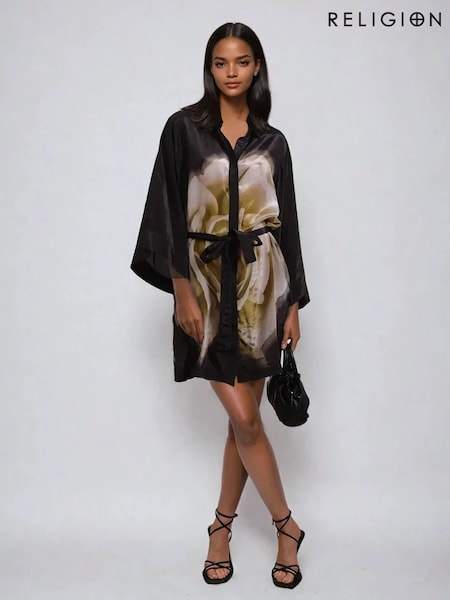Religion Black 100% Cotton Coco Tunic With Large Floral Placement (H51916) | €141