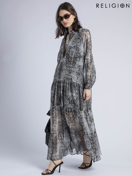 Religion Cala Tiered Boho 100% Cotton Maxi Dress In Snake Skin Print (H51918) | €152