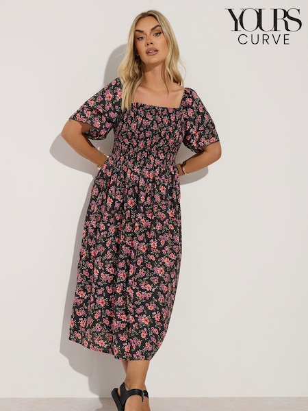 Yours Curve Black Shirred Square Neck Frilled Dress (H51952) | €47