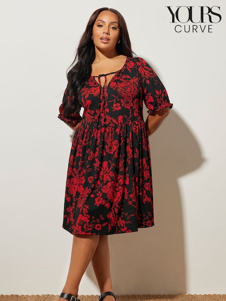 Yours Curve Red Floral Print Tie Neck Dress (H51953) | €41