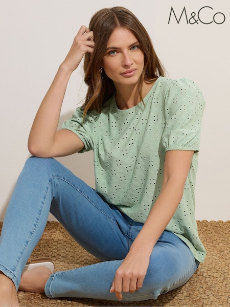 M&Co Green Broderie Puff Sleeve Top (H51967) | €40
