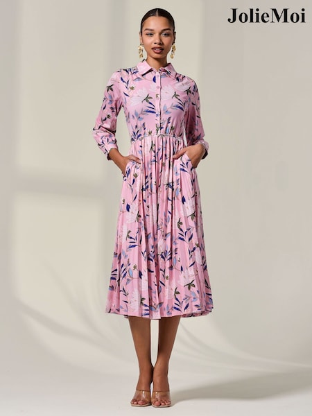 Jolie Moi Pink Pleated Button Up Midi Dress (H52006) | €99