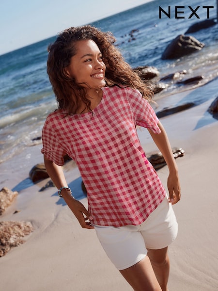 Guingão vermelho/rosa - Short Sleeve Boxy T-Shirt with Linen (H52098) | R$ 190