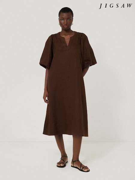 Jigsaw Brown 100% Linen Puff Sleeve Midi Dress (H52121) | €236