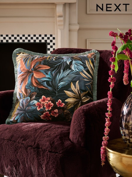 Teal Blue 50 X 50cm Tropical Leaf Printed Velvet Cushion (H52128) | €25