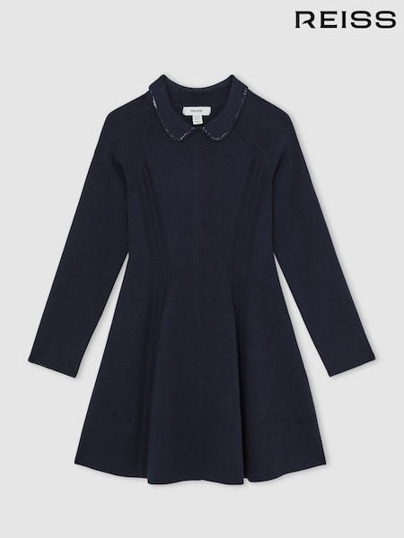 Reiss Navy Zadie Embellished Collar Knitted Dress (H52146) | AED562